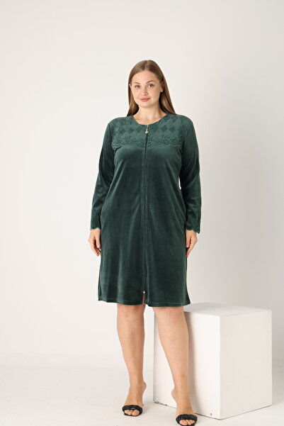 STELLETO Embroidered Stone Pocket Zippered Winter Velvet Plus Size Dress