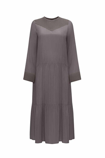 MISS DALIDA Bisiklet Yakalı Çiçek Broşlu Cupro Antrasit Elbise