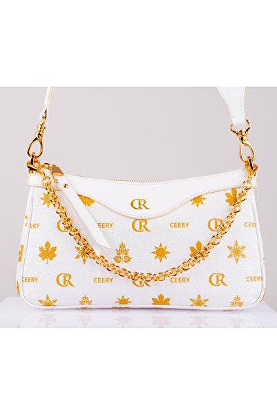 Ceery Aura White-Gold Patterned Baguette Bag with Chain Accessories
