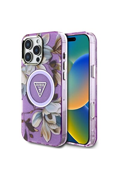 Guess Husă pentru iPhone 16 Pro Max, IML Flowers cu curea din perle MagSafe -...