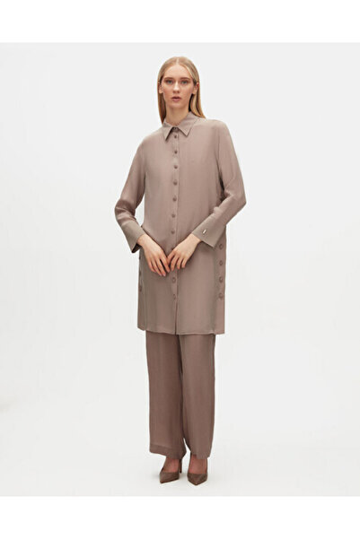 MISS DALIDA Yanları Düğmeli Cupro Uzun Vizon Gömlek