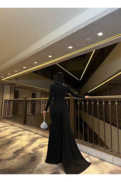 Modafeminen Stretchy Glitter Fabric Double Breasted Front Stone Detailed Tailored Evening Dress 583104 Black