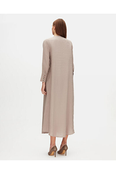 MISS DALIDA Çiçek Broş Detaylı Düz Renk Keten Vizon Elbise