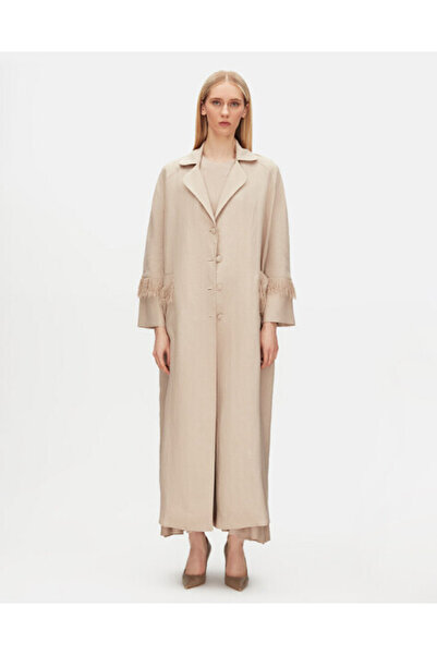 MISS DALIDA Püskül Detaylı Uzun Keten Vizon Ceket
