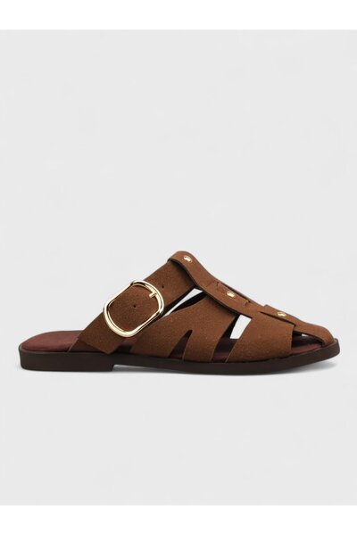 Sadık Yılmaz Women's summer flat slippers - 600 2501 - brown suede