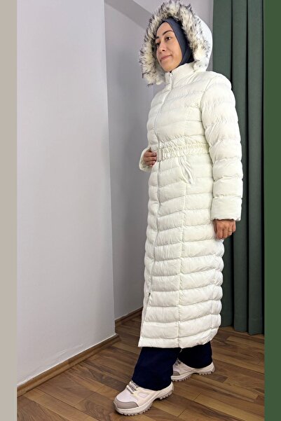 Thiff Women's White Hat Belted Long Puffer Coat
