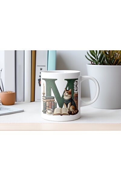 Beramussa M Letter Mug with Cat and Books Figures - Special for Book and Cat ...