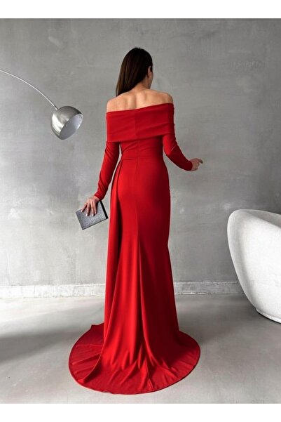 Modafeminen Crepe Stretch Fabric Degaje Collar Tail Detail Evening Dress 582652 Red