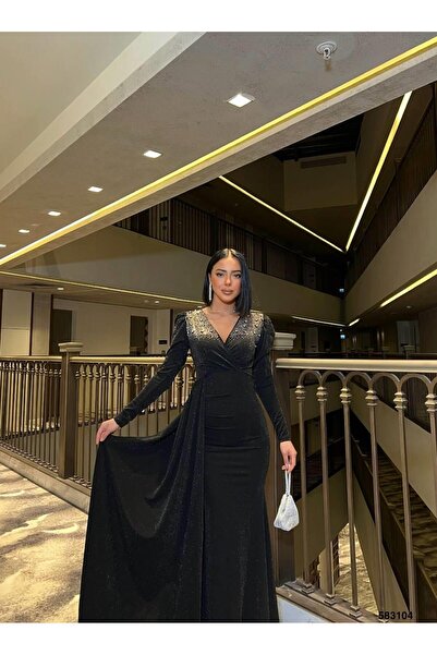 Modafeminen Stretchy Glitter Fabric Double Breasted Front Stone Detailed Tailored Evening Dress 583104 Black