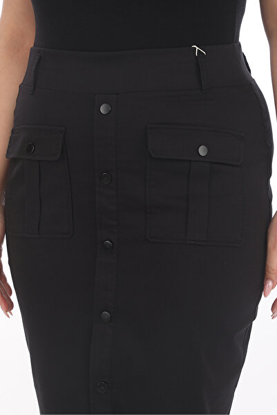 EXİTLİNE Women's Seasonal Elastic Waist Snap Front & Flap Knee-Length Black Wonderful Stylish Skirt