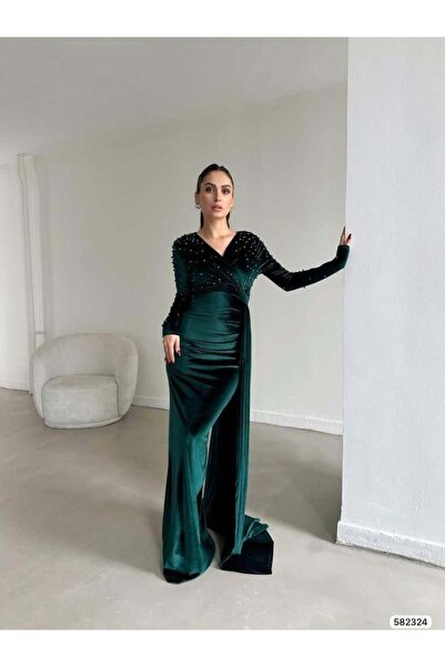 Modafeminen Kadife Esnek Kumaş Kruvaze Yaka Ön Kol İnci Detaylı Kuyruklu Abiy...