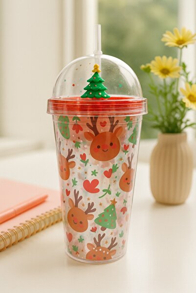 CHANCE GİFT Christmas Concept Glass with Straw, Tree and Deer Patterned Drink Water Bottle, Mica Double Layer, Christmas Gift