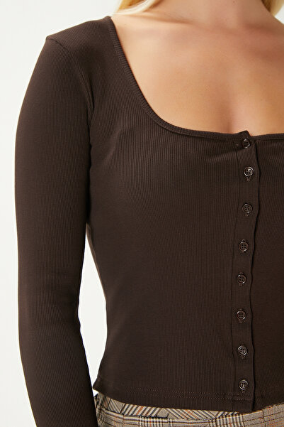 Ritnice Women's Jesse U-Neck Buttoned Long Sleeve Brown Corduroy Cotton Blouse