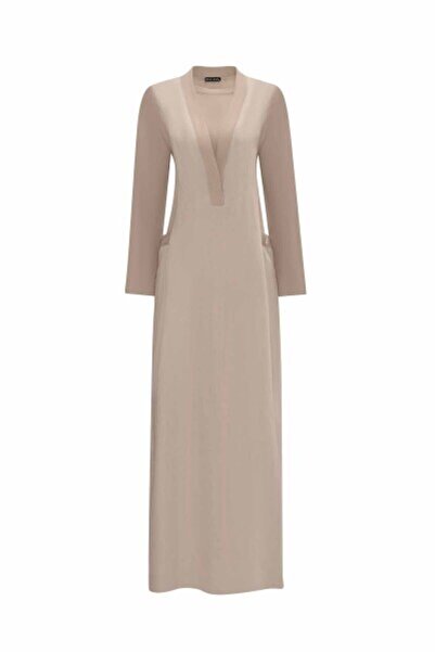 MISS DALIDA T25Y-4076 V Yaka Triko Astarlı Keten Elbise BLACK