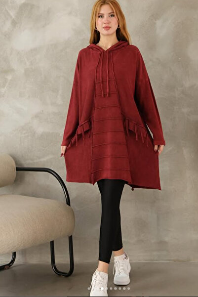 AYASOFYA OTANTIK Women's Burgundy Hooded Distressed Oversized Loose Long Knit Blouse Tunic