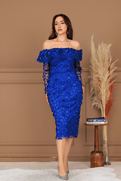 BEYBOS Τρισδιάστατο Floral Fabric Boat Neck Pencil Φόρεμα - SAKS BLUE