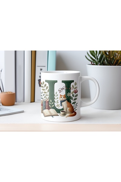 Beramussa Mug Cup with Letter U Cat and Books Figures - Special for Book and ...