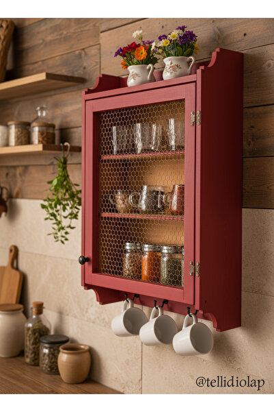 BG WOOD Masif Ahşap Country Mutfak Dolabı – Telli Kapaklı ve Fincan Askılı Dekoratif Raflı Dolap