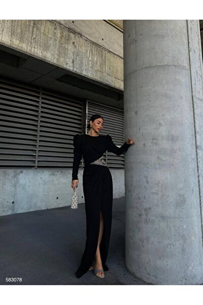 Modafeminen Μακρύ βραδινό φόρεμα Princess Sleeve με πέτρινη λεπτομέρεια 583078 ΜΑΥΡΟ