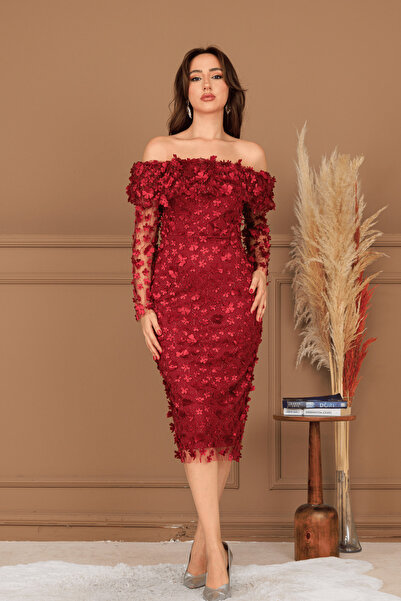 BEYBOS Rochie creion cu gât de barcă din țesătură cu flori tridimensionale - ...