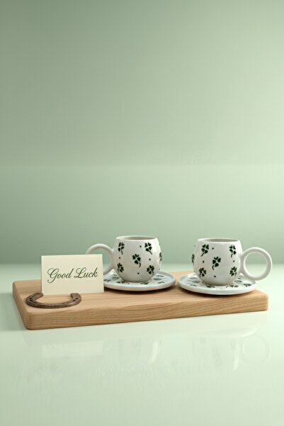 Home Şans Kupası Yonca Kabartmalı 2'li El Yapımı Ece Tabaklı Kupa Takımı– Kahve & Çay Fincanı Mug