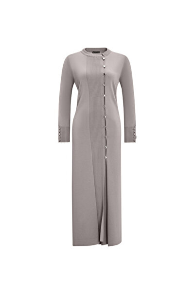 MISS DALIDA Yuvarlak Yaka Düğmeli Uzun Gri Hırka