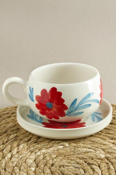 CT STONES كوب سيراميك بنقشة زهور مع طبق