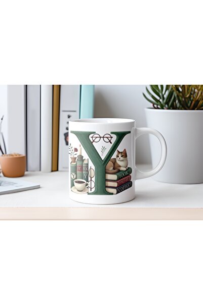 Beramussa Y Letter Cat and Books Figures Mug - Special for Book and Cat Lover...