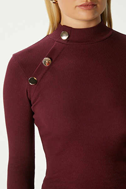 Ritnice Women's Gloria Gold Buttoned Long Sleeve Burgundy Ribbed Cotton Blouse