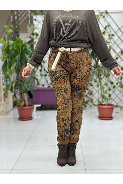 Punta Otantik NC21980 italyan Likralı Çiçek ve Leopar desenli Pantolon Camel