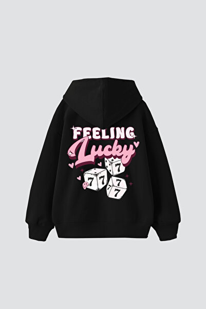 Bak Moda Hanorac negru oversize unisex cu imprimeu 777 Lucky