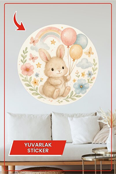 KOSS Dijital Autocolant rotund cu iepure drăguț, cu baloane, curcubeu, cu flo...