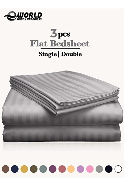 Eworld 3-Piece Grey Striped Bed Sheet Set – 1 Flat Sheet & 2 Pillowcases – Cotton Blend