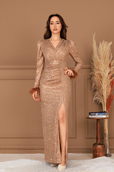 BEYBOS Βραδινό φόρεμα με παγιέτες Otriş - ΜΠΡΟΝΖΕ