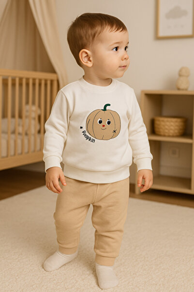 dinamik çocuk Baby Boy/Child Cute Pumpkin Embossed Patterned 2-Piece Set Top and Bottom 2-Thread Seasonal 6-9-12-18 Months