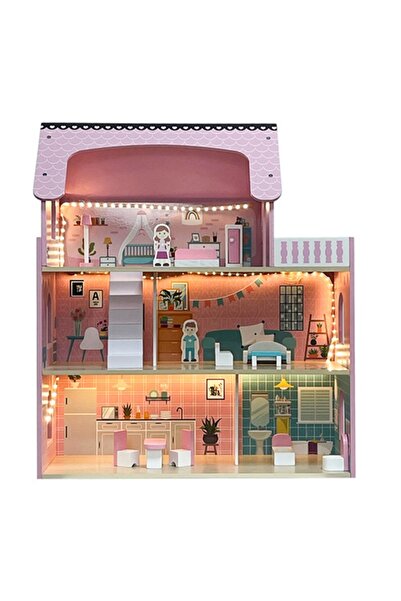 ISO TRADE Ξύλινο κουκλόσπιτο με LED και πλήρη επίπλωση, 3 ορόφων, εξαιρετικό ...