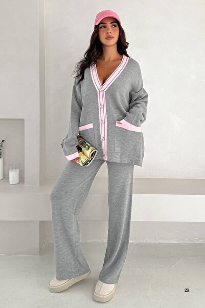 lovebox Knitwear Double Set - V-Neck Metal Button Detailed Cardigan and Trouser Set Stylish Design 002