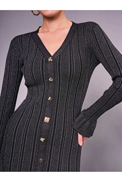 SERPİL Düğme Detaylı V Yaka Uzun Kollu Triko Maxi Kadın Elbise 51092