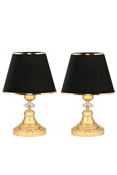 Art&Gift Art Deco Style Crystal Stone Decorated Metal Base and Gold Striped Black Headboard Set of 2 Lampshades Two Pieces