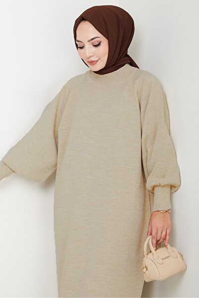 Bestenur Balon Kol Triko Elbise 1600 - Vizon