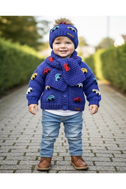 NEVALİN El Örgüsü Set Erkek Çocuk Araba Detaylı Hırka ve Atkı & Bere Seti Hed...