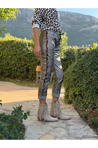 Punta Otantik NC21970 İtalyan Yanlar Leopar Detay Zımbalı Deri Pantolon Gri