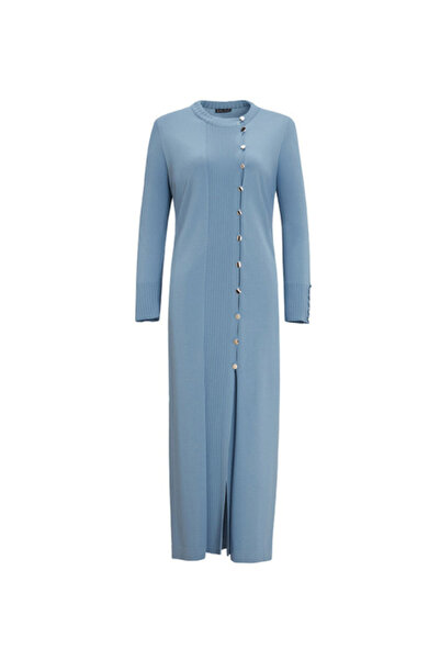 MISS DALIDA Yuvarlak Yaka Düğmeli Uzun Mavi Hırka
