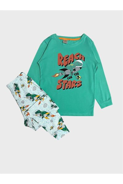 ALİŞ KİDS Boys' Cotton Green and White Dinosaur Patterned Seasonal Long Sleeve Pajama Set