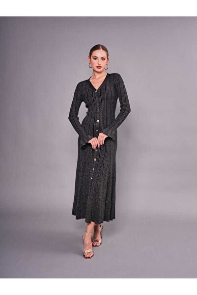 SERPİL Düğme Detaylı V Yaka Uzun Kollu Triko Maxi Kadın Elbise 51092