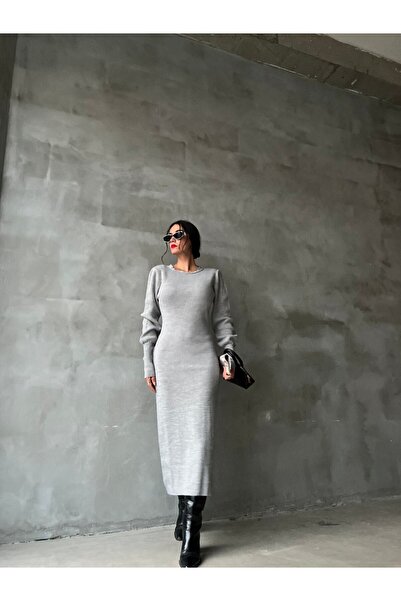 The Champ Clothing Back Detailed Knitwear Dress Gray