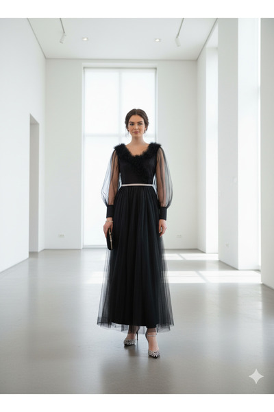 Robes Büyük Beden Siyah Tül Abiye Elbise Uzun Tesettür Söz Nişan Mezuniyet Elbisesi Fırfırlı Yaka-554