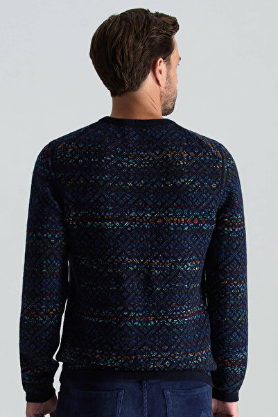 Hemington Merino Yün Etnik Desen Bisiklet Yaka Lacivert Kazak