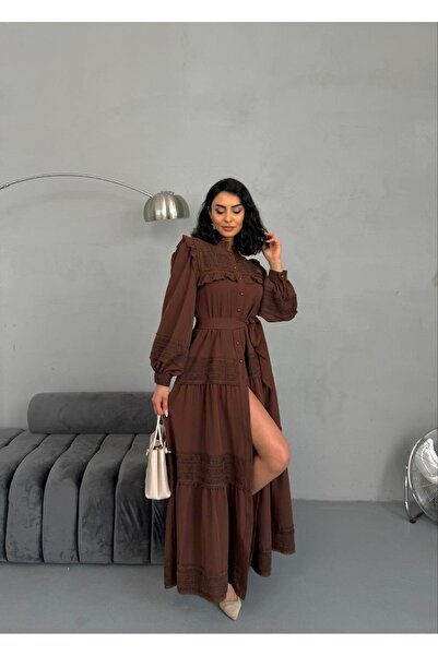 suphias Lace Detailed Lined Belted Atlas Fabric Dress