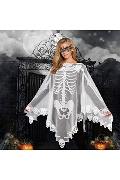 YeahBoom Poncho Halloween din dantela, alb, model schelet cu patru accesorii,...